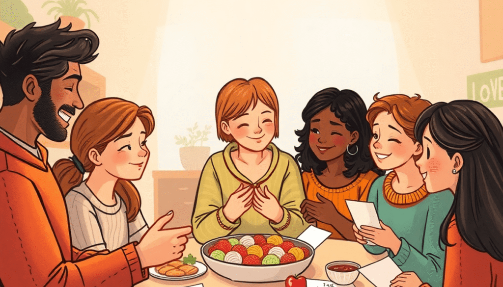 A cozy scene of people sharing kindness through cooking, smiling, and leaving notes, symbolizing love and compassion in daily life.