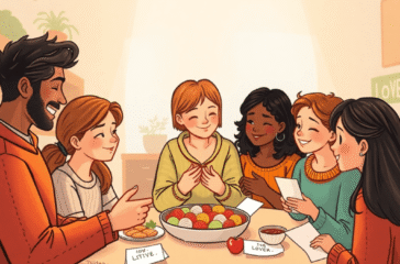A cozy scene of people sharing kindness through cooking, smiling, and leaving notes, symbolizing love and compassion in daily life.