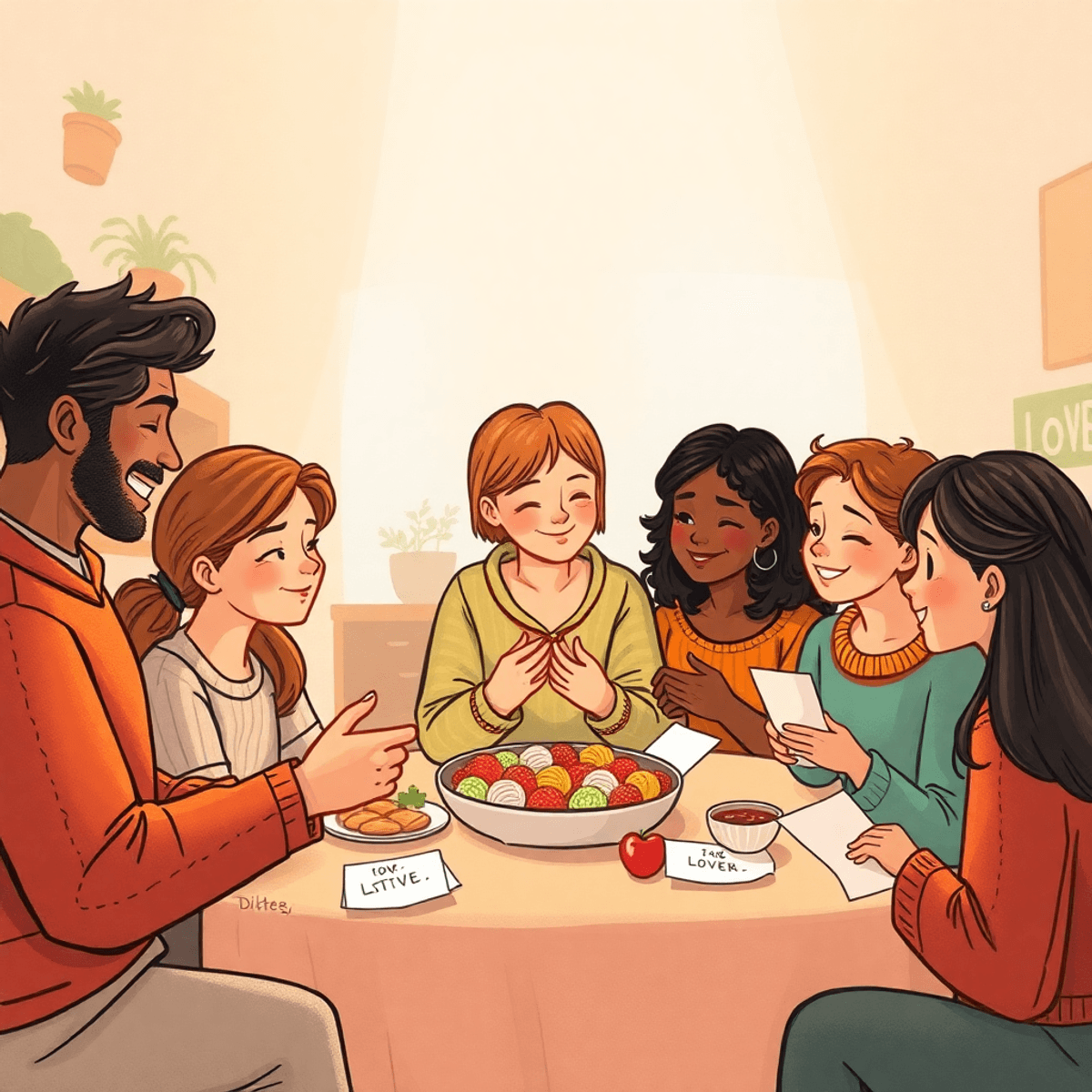 A cozy scene of people sharing kindness through cooking, smiling, and leaving notes, symbolizing love and compassion in daily life.