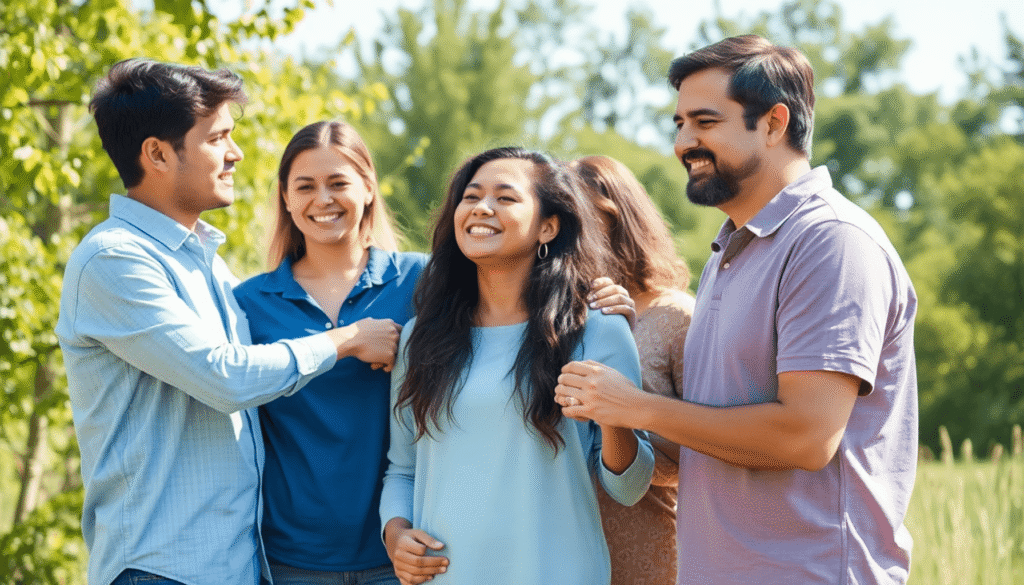 A group of people supporting each other outdoors in a bright, natural setting symbolizing hope and mental health recovery.