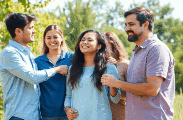 A group of people supporting each other outdoors in a bright, natural setting symbolizing hope and mental health recovery.