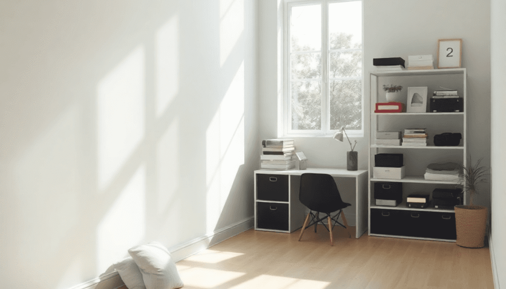 A minimalistic room bathed in soft natural light, showing a contrast between cluttered shadows and bright open space, symbolizing mental clarity an...