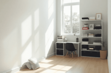 A minimalistic room bathed in soft natural light, showing a contrast between cluttered shadows and bright open space, symbolizing mental clarity an...