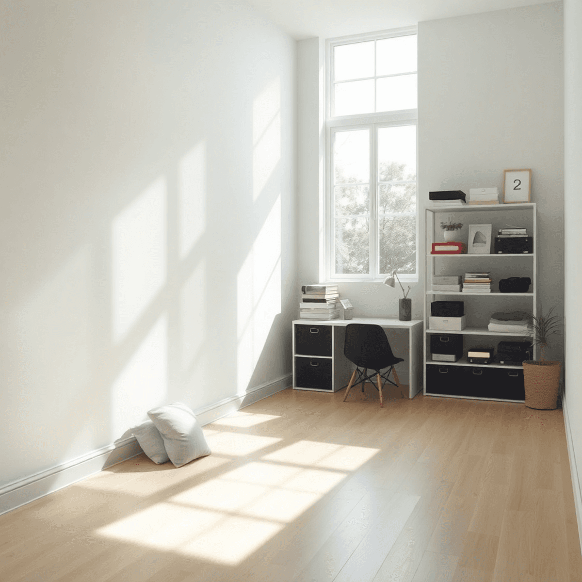 A minimalistic room bathed in soft natural light, showing a contrast between cluttered shadows and bright open space, symbolizing mental clarity an...