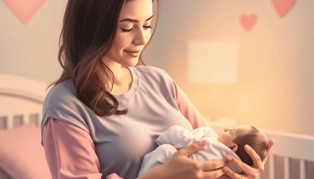 A young mother tenderly cradles her newborn in a softly lit nursery with warm pastels and subtle heart and helping hand symbols.
