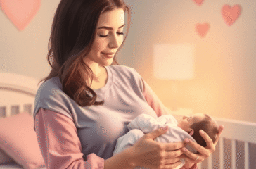 A young mother tenderly cradles her newborn in a softly lit nursery with warm pastels and subtle heart and helping hand symbols.