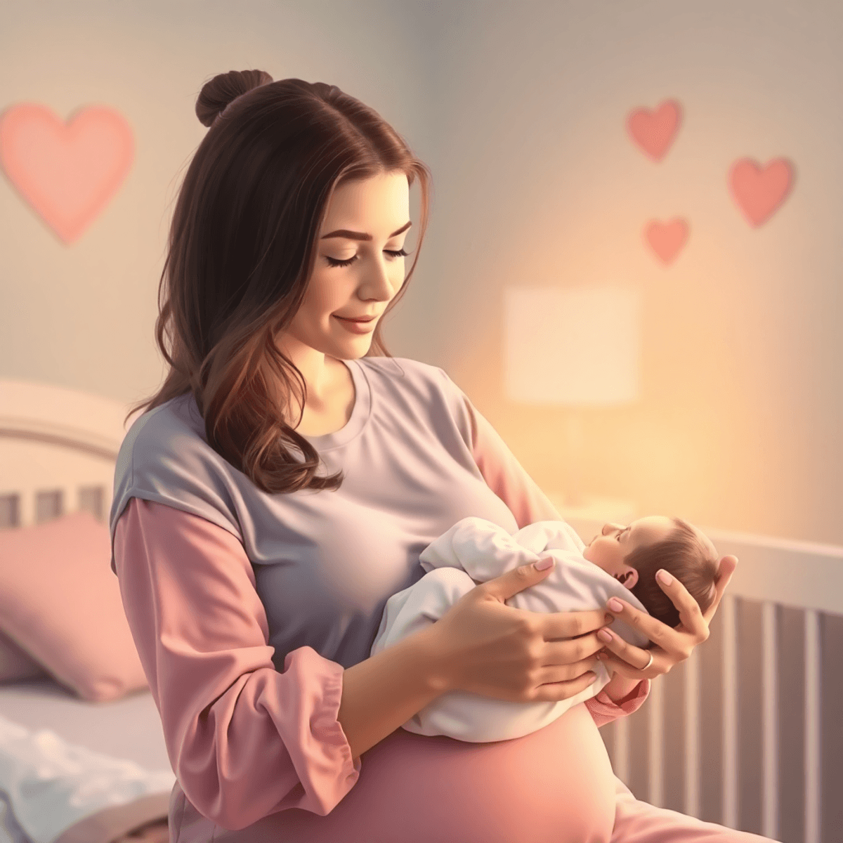 A young mother tenderly cradles her newborn in a softly lit nursery with warm pastels and subtle heart and helping hand symbols.