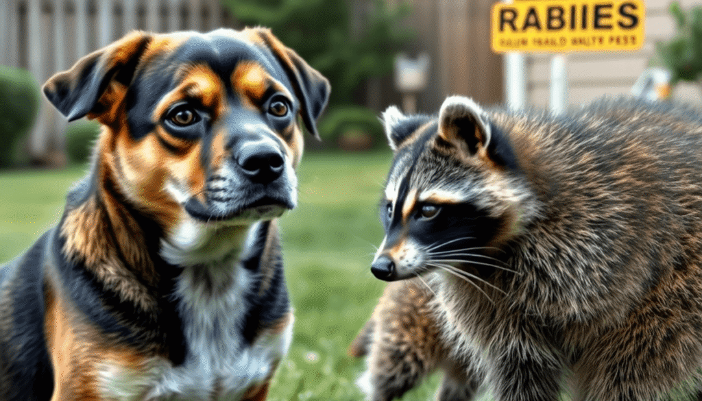Close-up of a cautious dog and raccoon in a backyard with a subtle warning sign about rabies risk.