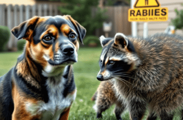 Close-up of a cautious dog and raccoon in a backyard with a subtle warning sign about rabies risk.