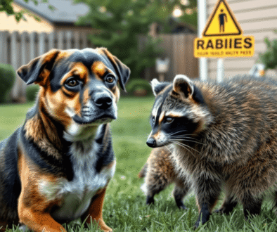 Close-up of a cautious dog and raccoon in a backyard with a subtle warning sign about rabies risk.