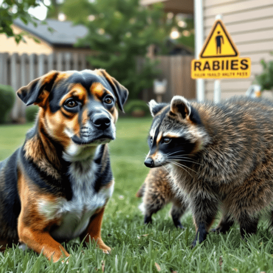Close-up of a cautious dog and raccoon in a backyard with a subtle warning sign about rabies risk. Close-up of a cautious dog and raccoon in a backyard with a subtle warning sign about rabies risk.