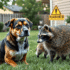 Close-up of a cautious dog and raccoon in a backyard with a subtle warning sign about rabies risk.