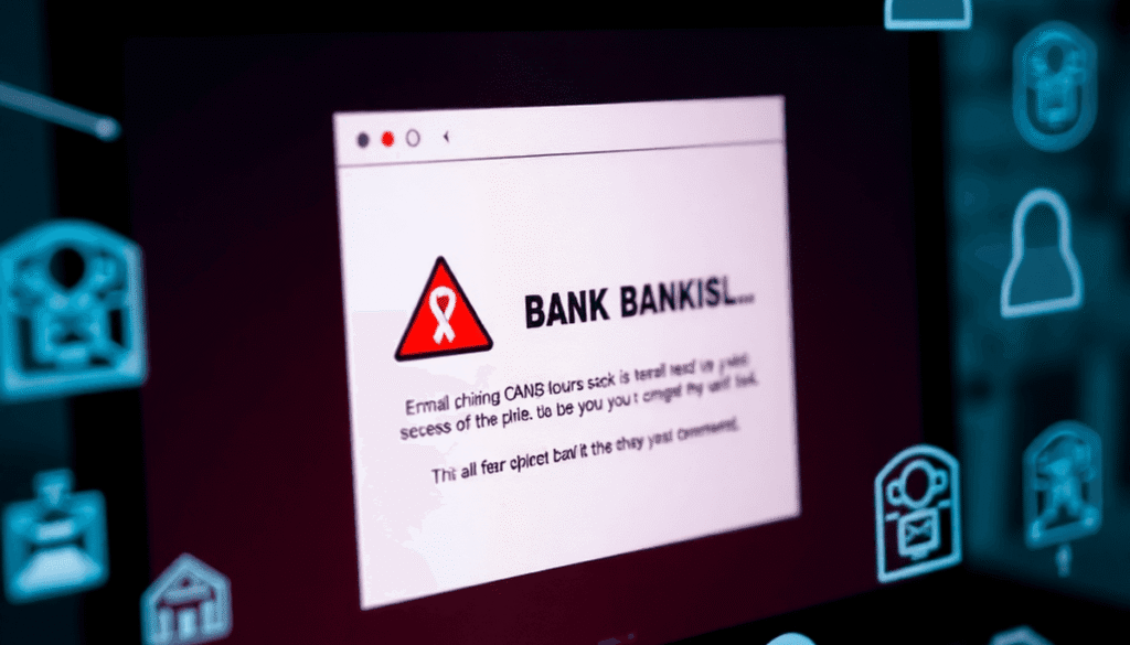 Close-up of a computer screen showing a suspicious email with a fake bank logo and cybersecurity warning icons.