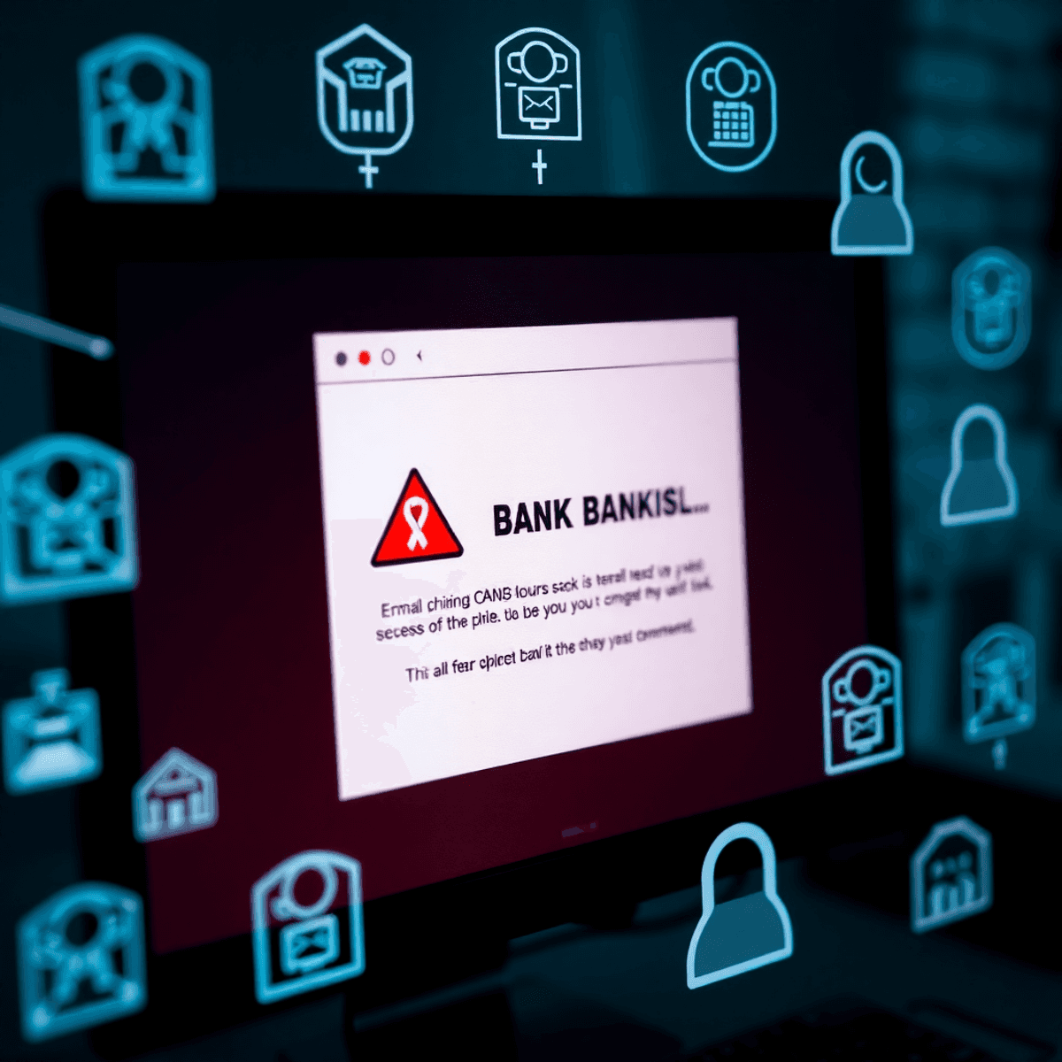 Close-up of a computer screen showing a suspicious email with a fake bank logo and cybersecurity warning icons.