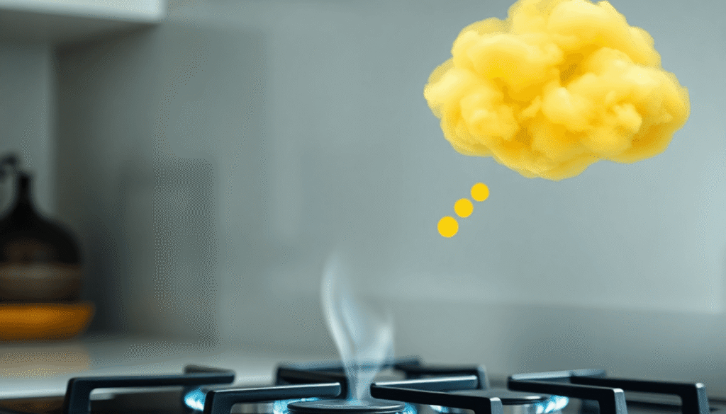 Close-up of a modern kitchen gas stove with glowing gas lines and an abstract yellow-green cloud symbolizing a strong rotten egg smell for safety a...