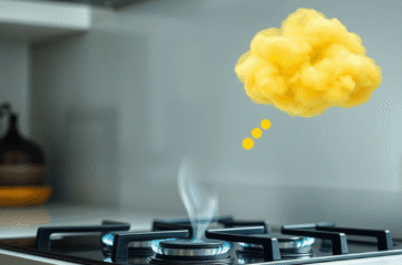 Close-up of a modern kitchen gas stove with glowing gas lines and an abstract yellow-green cloud symbolizing a strong rotten egg smell for safety a...