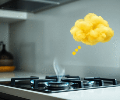 Close-up of a modern kitchen gas stove with glowing gas lines and an abstract yellow-green cloud symbolizing a strong rotten egg smell for safety a...