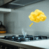 Close-up of a modern kitchen gas stove with glowing gas lines and an abstract yellow-green cloud symbolizing a strong rotten egg smell for safety a...
