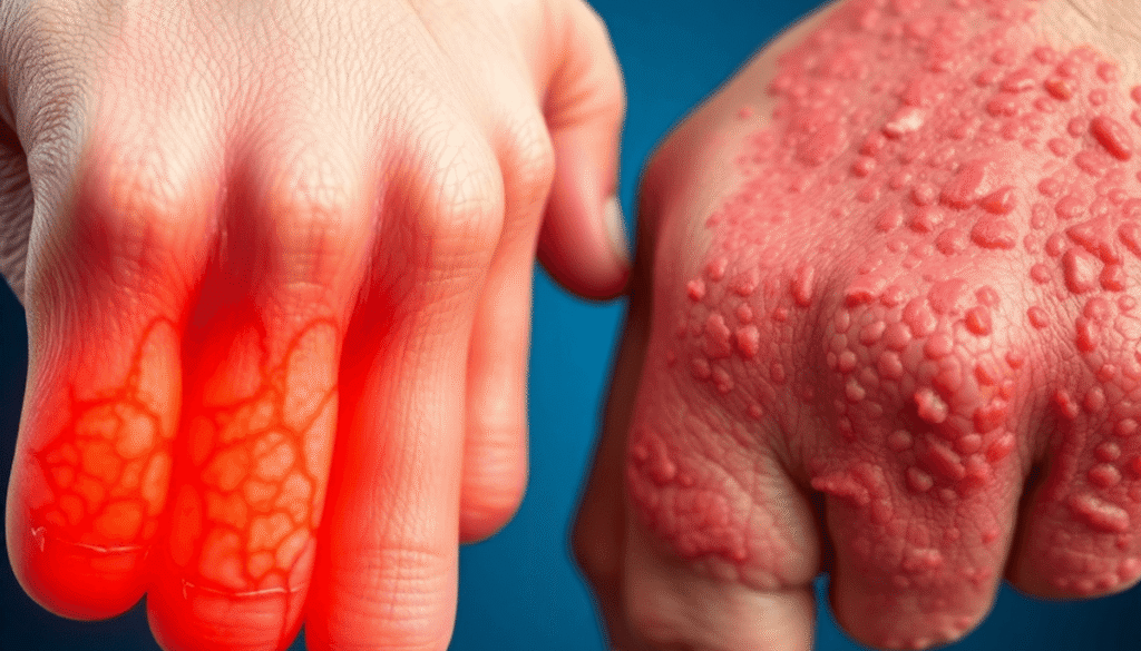 Close-up of inflamed joints alongside red, scaly skin patches illustrating the effects of psoriatic arthritis on skin and joints.