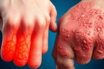 Close-up of inflamed joints alongside red, scaly skin patches illustrating the effects of psoriatic arthritis on skin and joints.