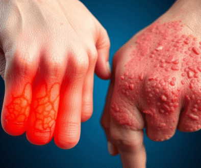 Close-up of inflamed joints alongside red, scaly skin patches illustrating the effects of psoriatic arthritis on skin and joints.