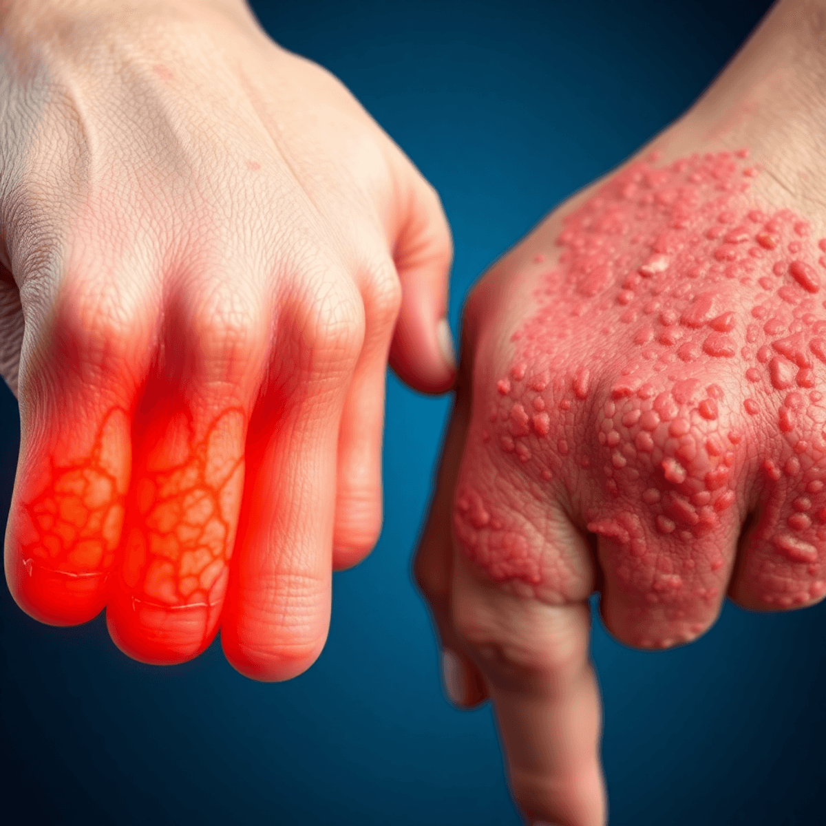 Close-up of inflamed joints alongside red, scaly skin patches illustrating the effects of psoriatic arthritis on skin and joints.