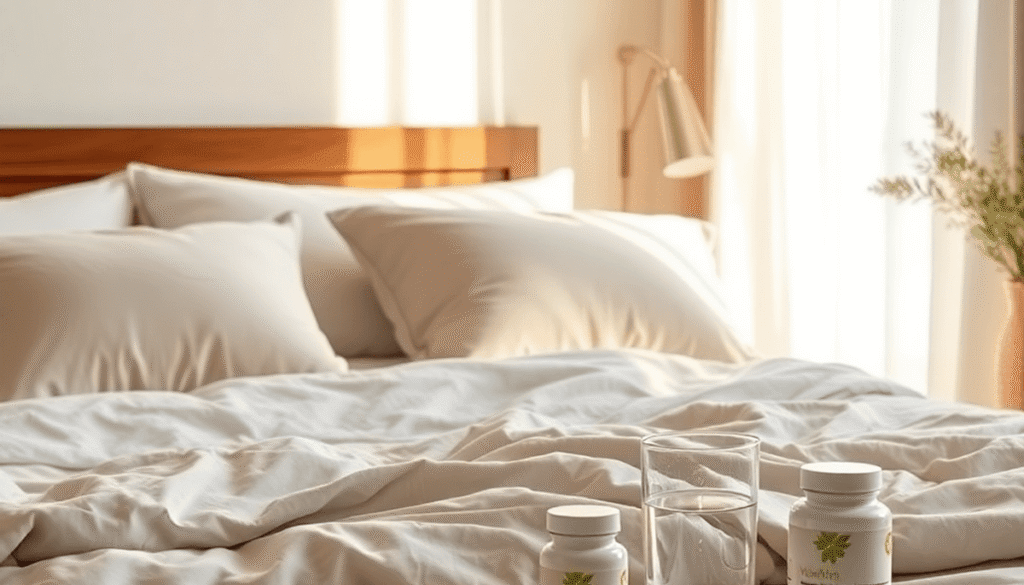 Cozy bedroom with soft natural light, neatly made bed, fluffy pillows, bedside table holding water and vitamin supplements, evoking rest and recovery.