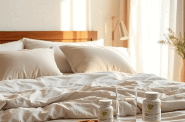 Cozy bedroom with soft natural light, neatly made bed, fluffy pillows, bedside table holding water and vitamin supplements, evoking rest and recovery.