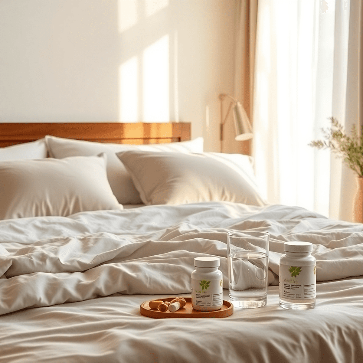 Cozy bedroom with soft natural light, neatly made bed, fluffy pillows, bedside table holding water and vitamin supplements, evoking rest and recovery.