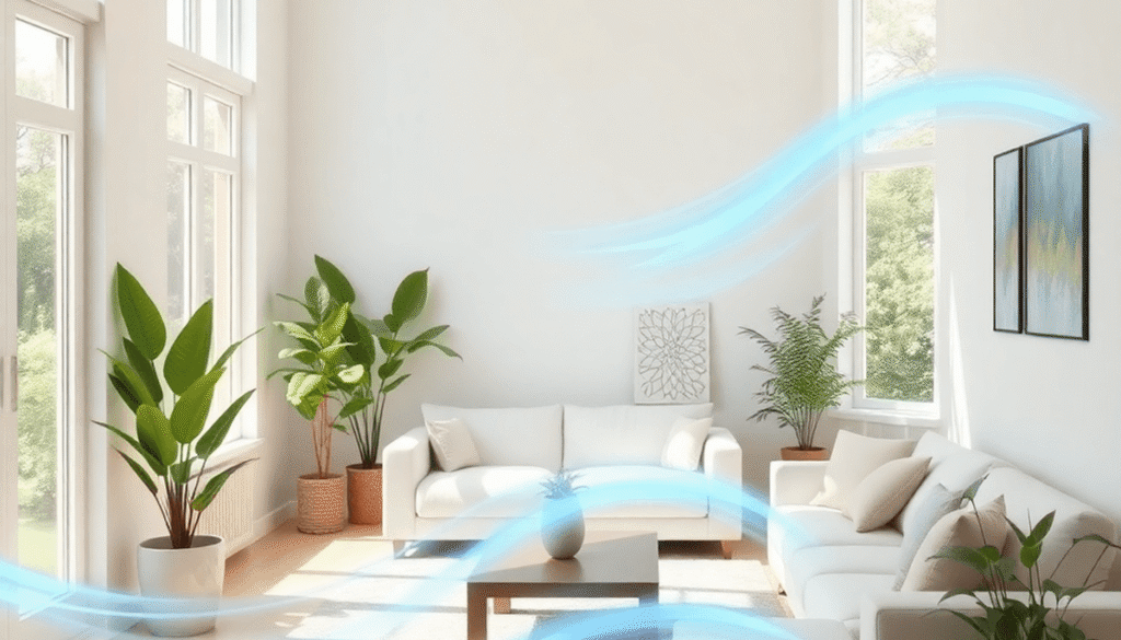 Sunlit modern living room with open windows, indoor plants, and soft blue waves symbolizing fresh air flowing gently through the space.