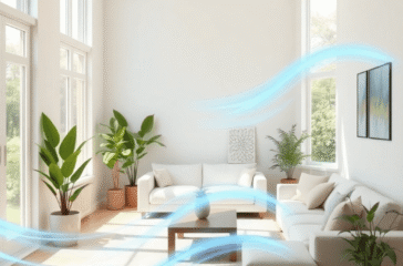 Sunlit modern living room with open windows, indoor plants, and soft blue waves symbolizing fresh air flowing gently through the space.