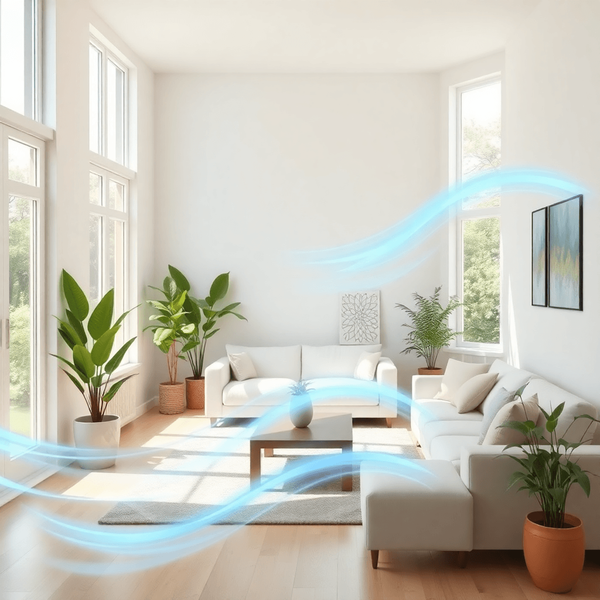 Sunlit modern living room with open windows, indoor plants, and soft blue waves symbolizing fresh air flowing gently through the space.