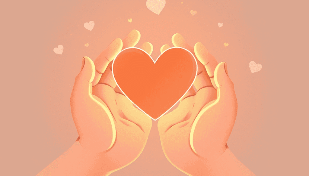 Two hands gently holding a glowing heart symbol, surrounded by soft light and abstract shapes representing care and connection.