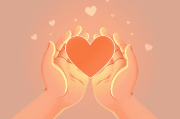 Two hands gently holding a glowing heart symbol, surrounded by soft light and abstract shapes representing care and connection.