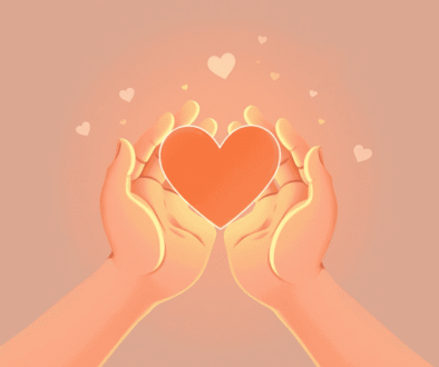Two hands gently holding a glowing heart symbol, surrounded by soft light and abstract shapes representing care and connection.