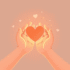 Two hands gently holding a glowing heart symbol, surrounded by soft light and abstract shapes representing care and connection.