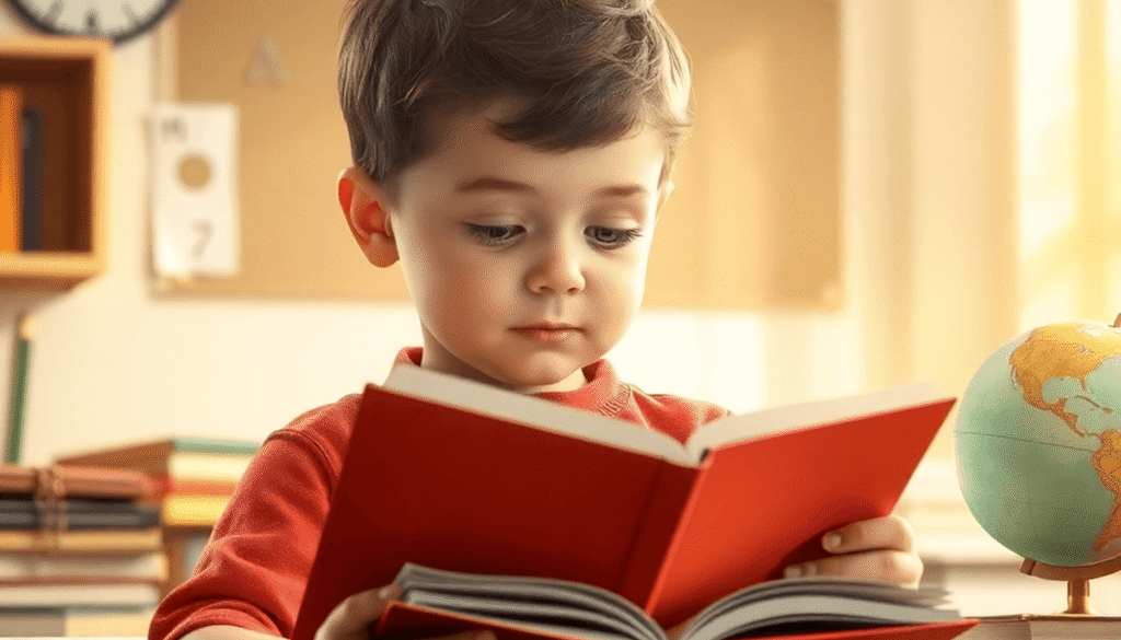 Young child reading an advanced book in a bright classroom with books, globe, and glowing math formulas symbolizing giftedness.