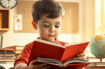 Young child reading an advanced book in a bright classroom with books, globe, and glowing math formulas symbolizing giftedness.