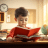 Young child reading an advanced book in a bright classroom with books, globe, and glowing math formulas symbolizing giftedness.